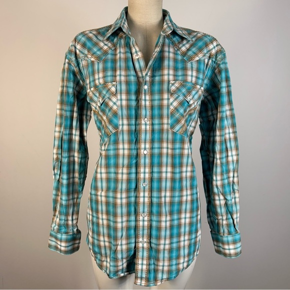 Panhandle Teal Plaid Casual Snap Button Down Shirt S - Picture 1 of 10